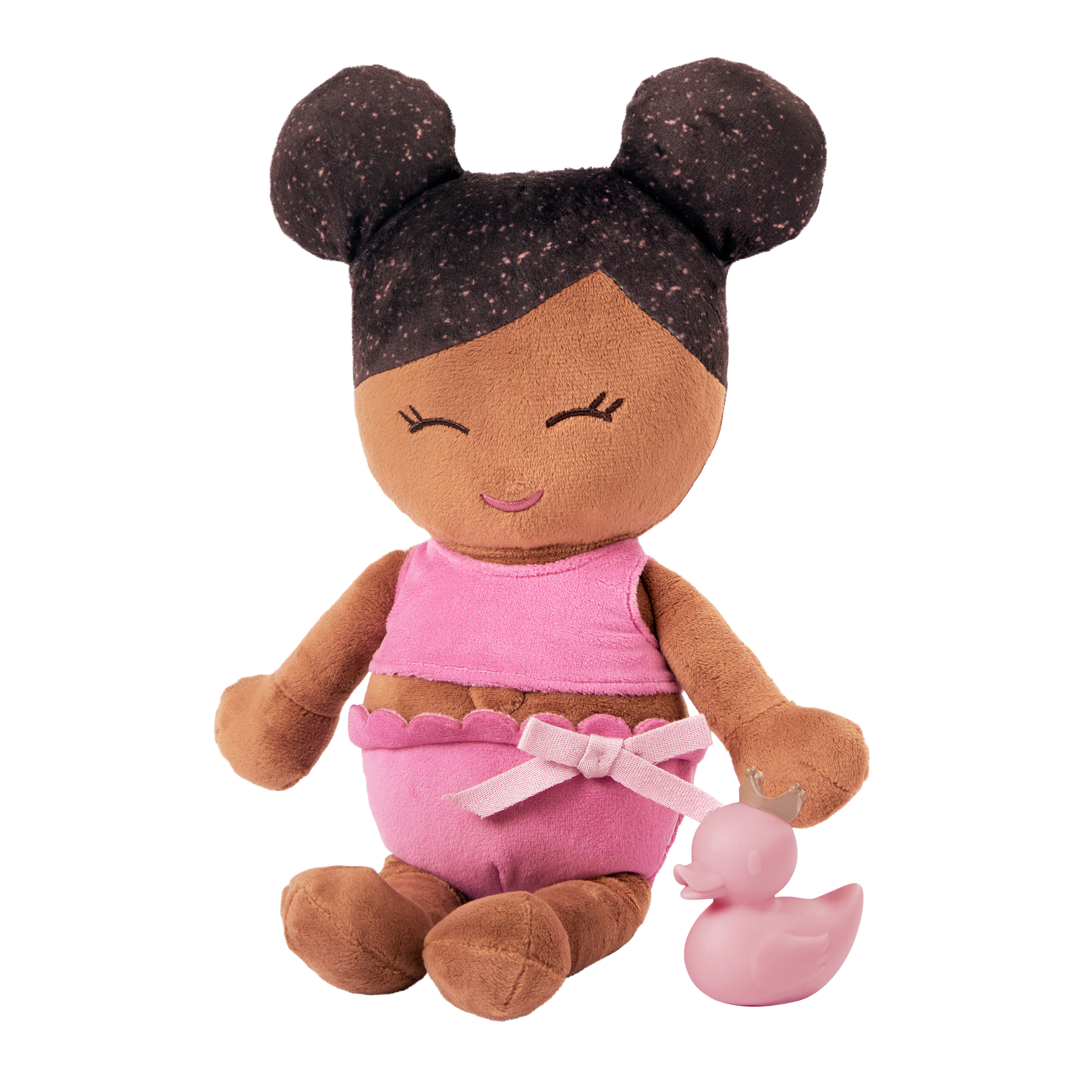 Plush Bath Doll - Dark Skin and Dark Hair - and a rubber ducky