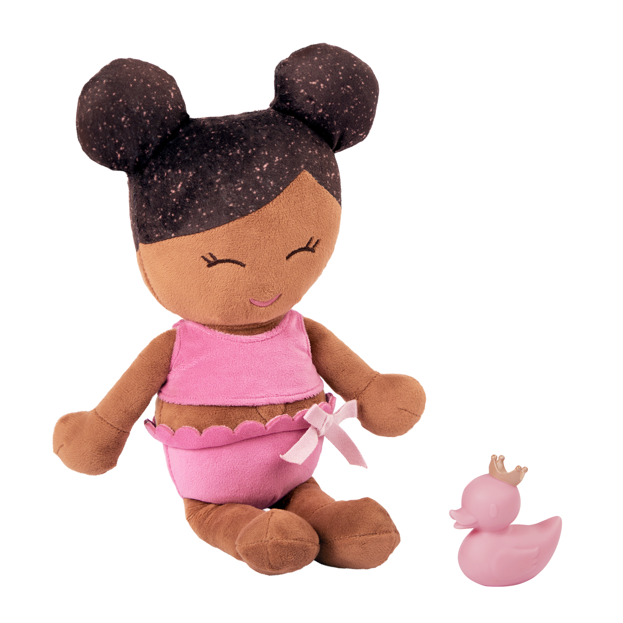 Plush Bath Doll - Dark Skin and Dark Hair - and a rubber ducky