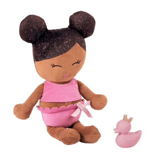Plush Bath Doll - Dark Skin and Dark Hair - and a rubber ducky