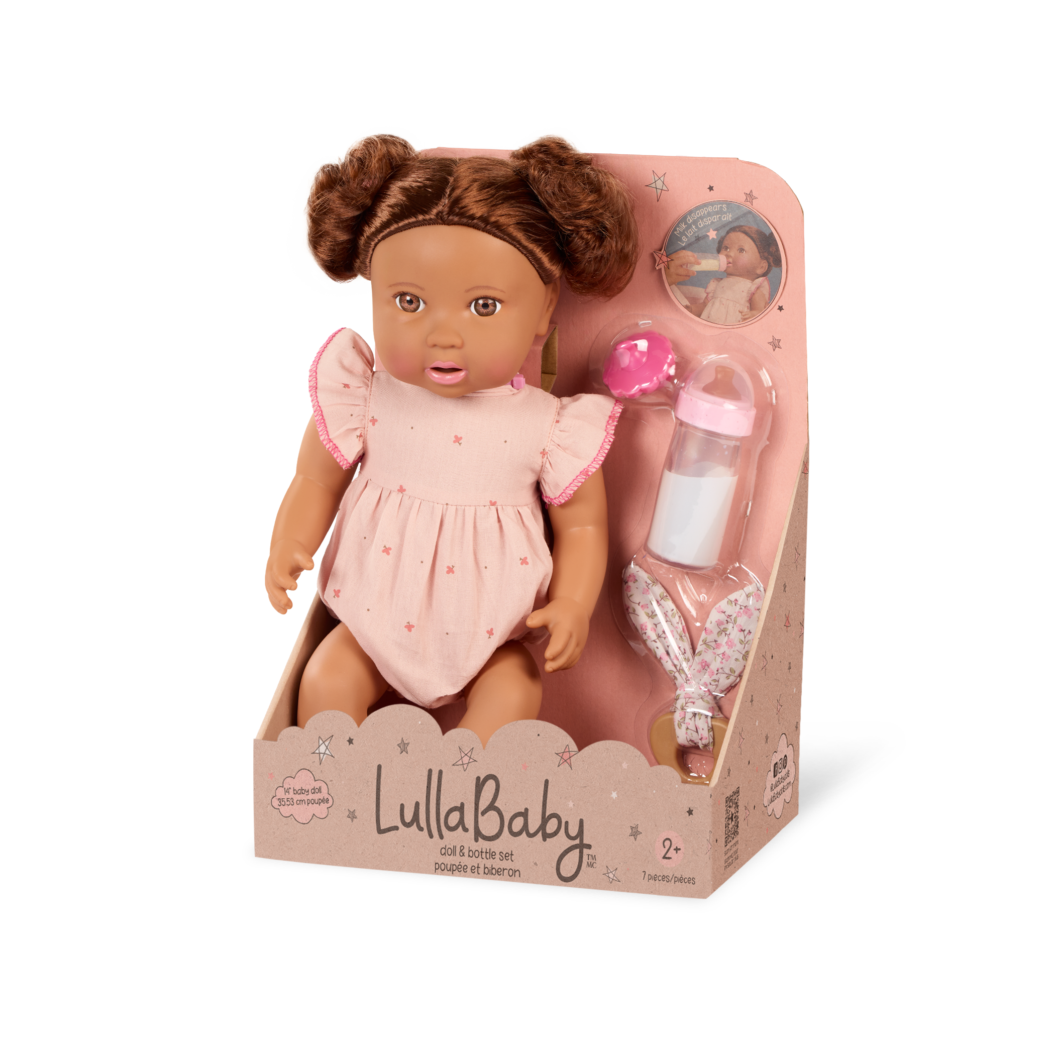 LullaBaby doll with brown hair in pink outfit