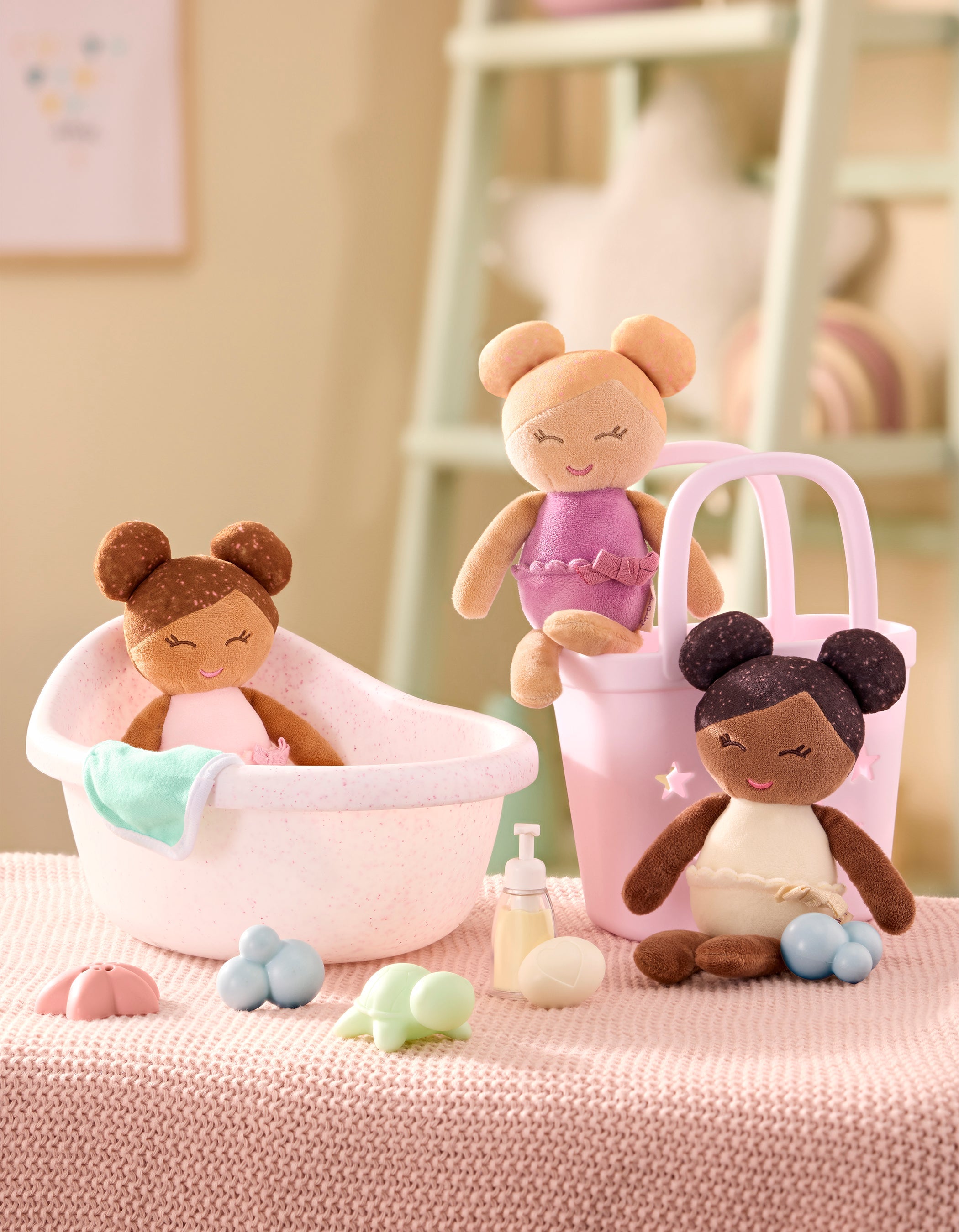 Baby Bath Dolls in a Pink Basket Playset