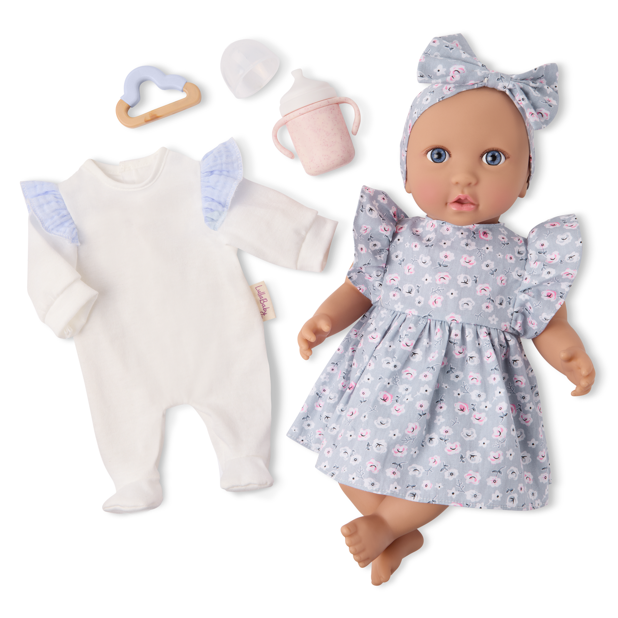 LullaBaby - Girl Doll w/Blue Eyes Dress & Pyjama Set