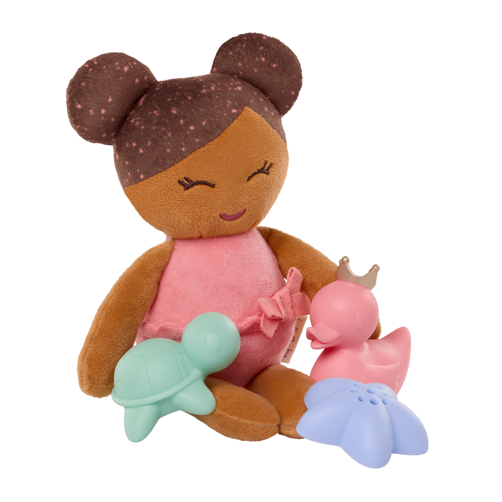 LullaBaby bath doll, bath toys, and pink basket