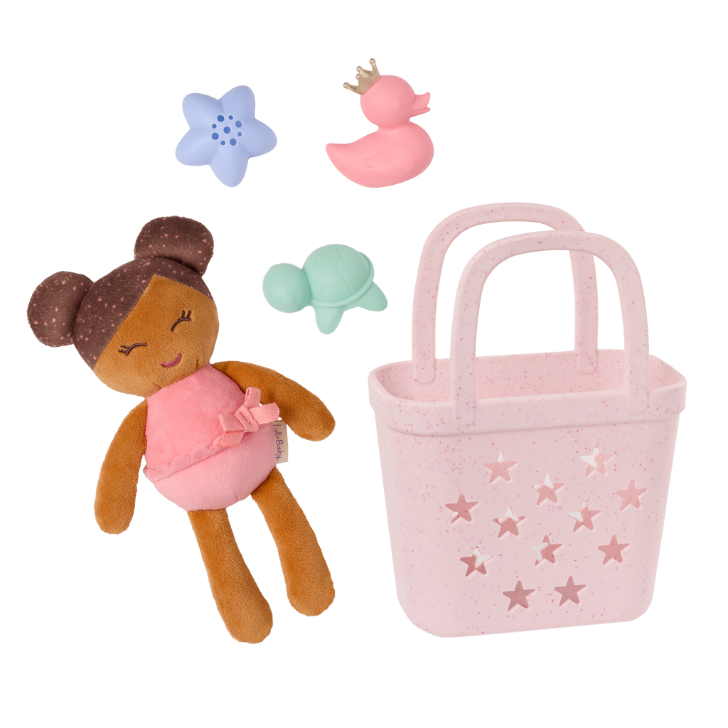 LullaBaby bath doll, bath toys, and pink basket
